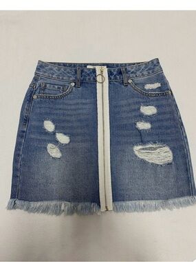 Forever 21 Blue Distressed Denim Mini Skirt with White Center Zipper